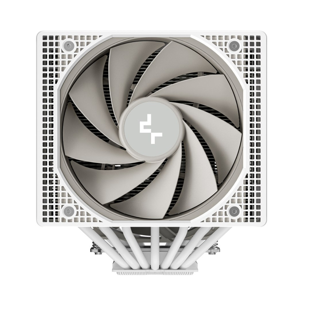Biała chłodnica CPU z szarym wentylatorem i logo.