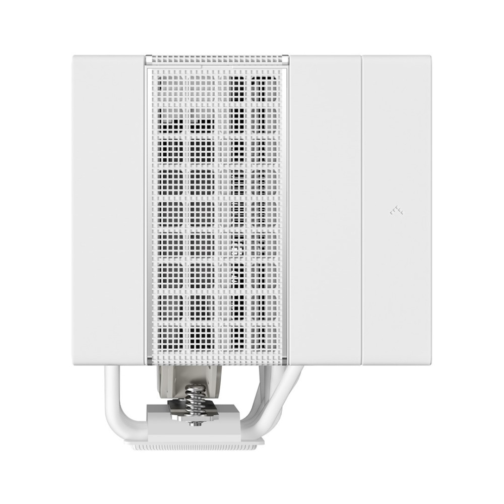 Biały cooler CPU z wentylatorem, metalowymi żeberkami i uchwytem.