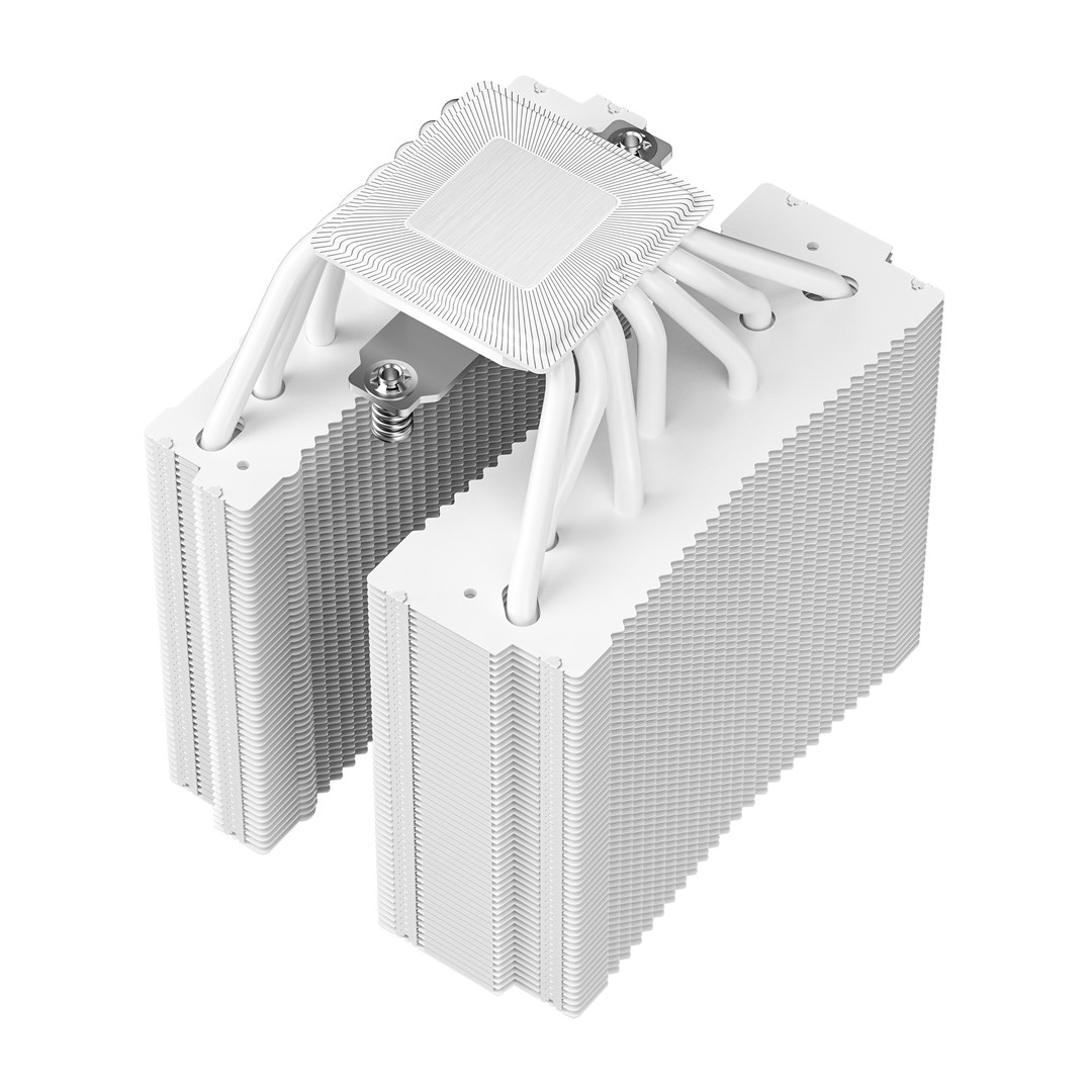 Biały cooler CPU z podwójnym radiatorem i miedzianymi rurkami cieplnymi.