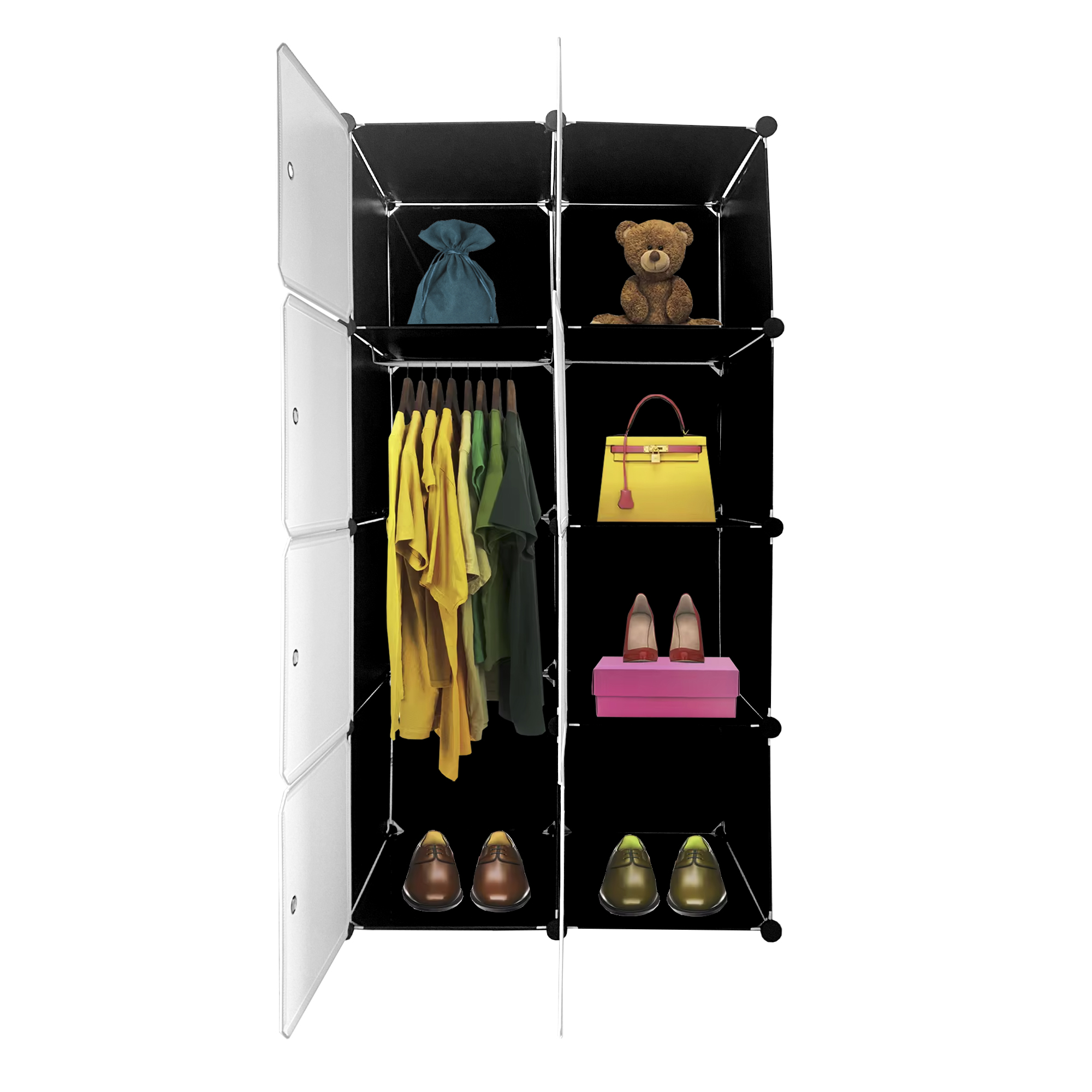 Un armario negro con puertas abiertas, lleno de ropa, zapatos y accesorios.
