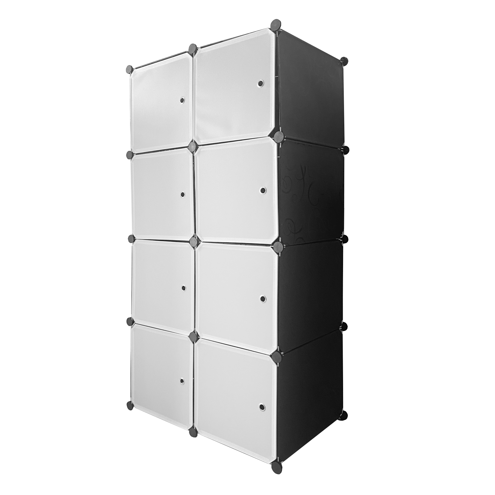 Un mueble de cubos blanco y negro con ocho compartimentos.