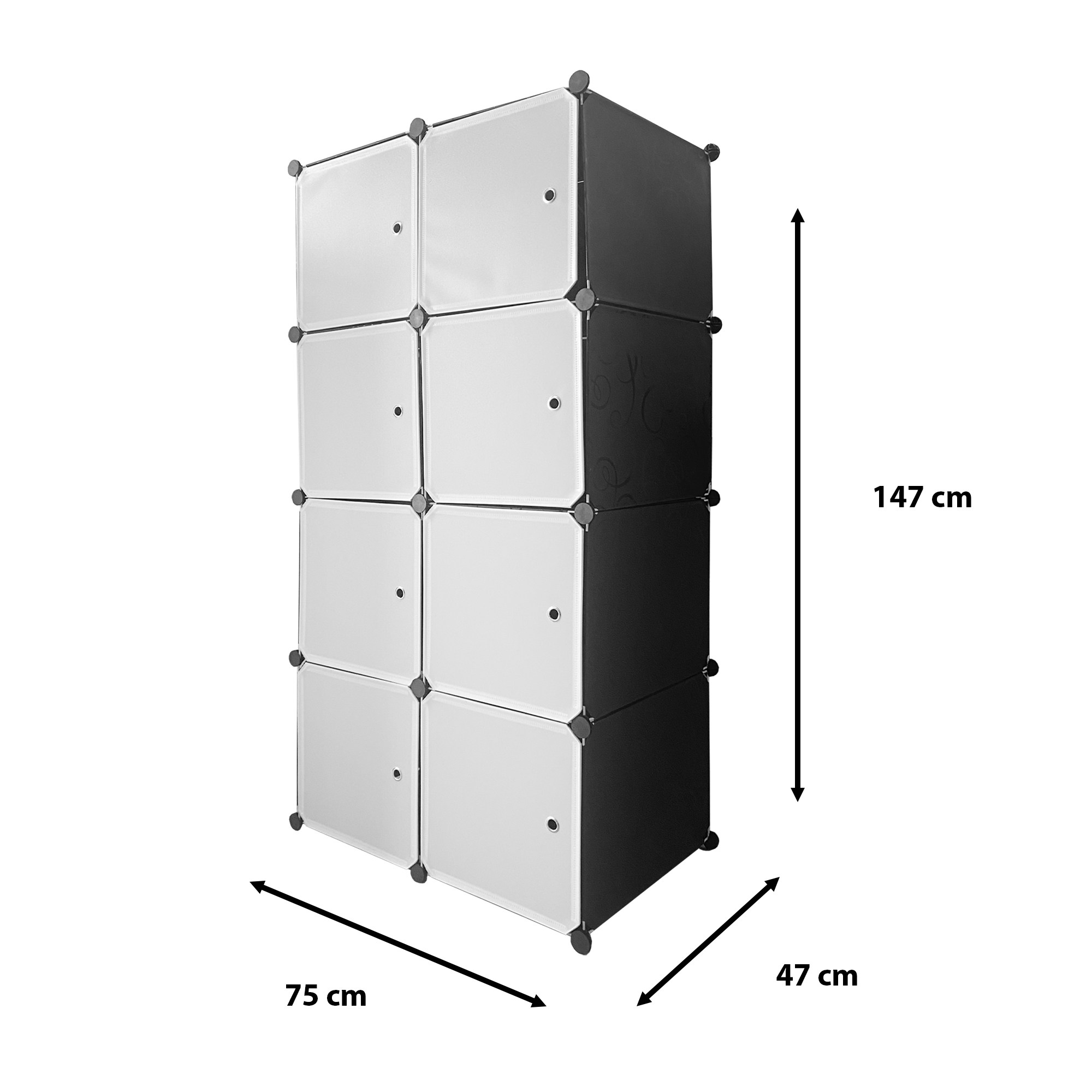 Un mueble de almacenamiento negro y blanco de 8 cubos, mide 147x75x47 cm.
