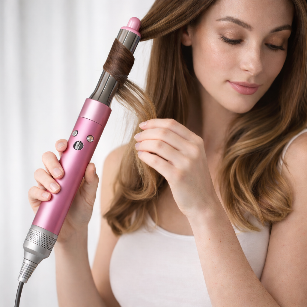 Mujer con cabello castaño usa un rizador rosa para peinar.
