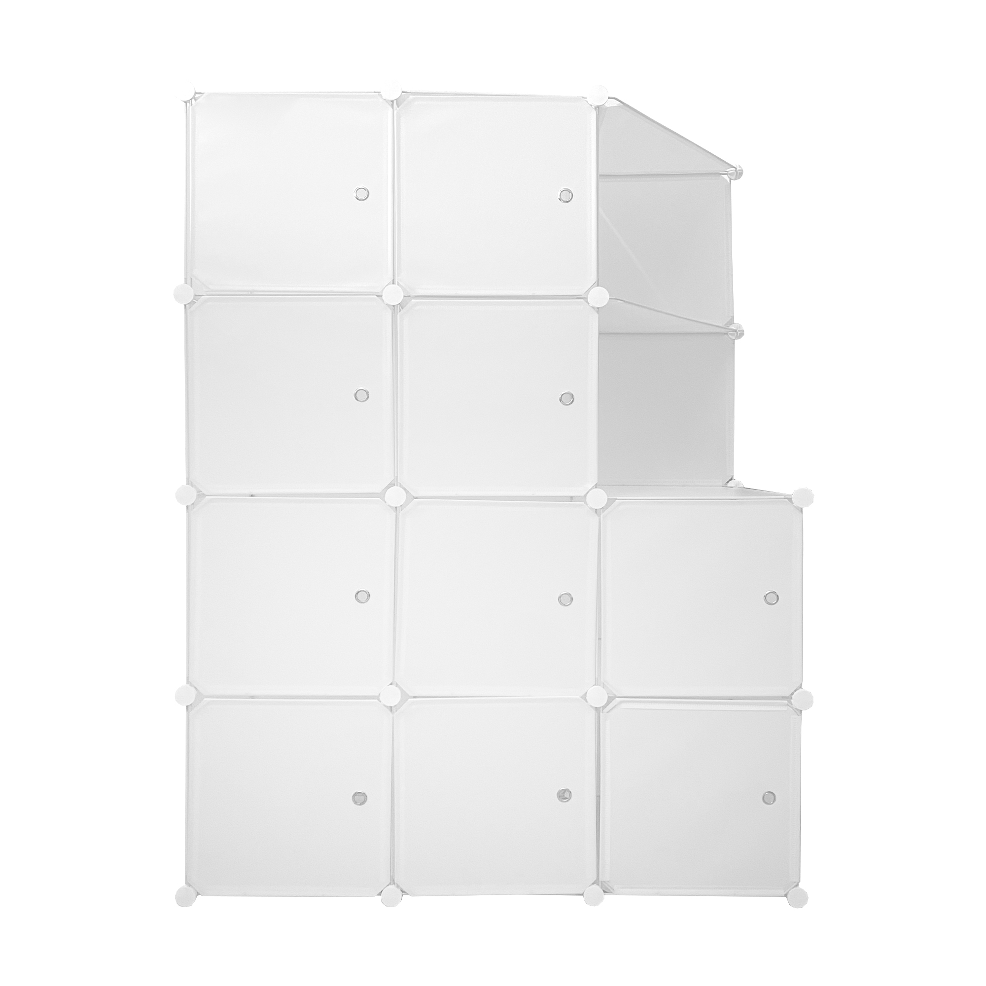 Un estante blanco hecho de cubos transparentes, apilados en un patrón escalonado.