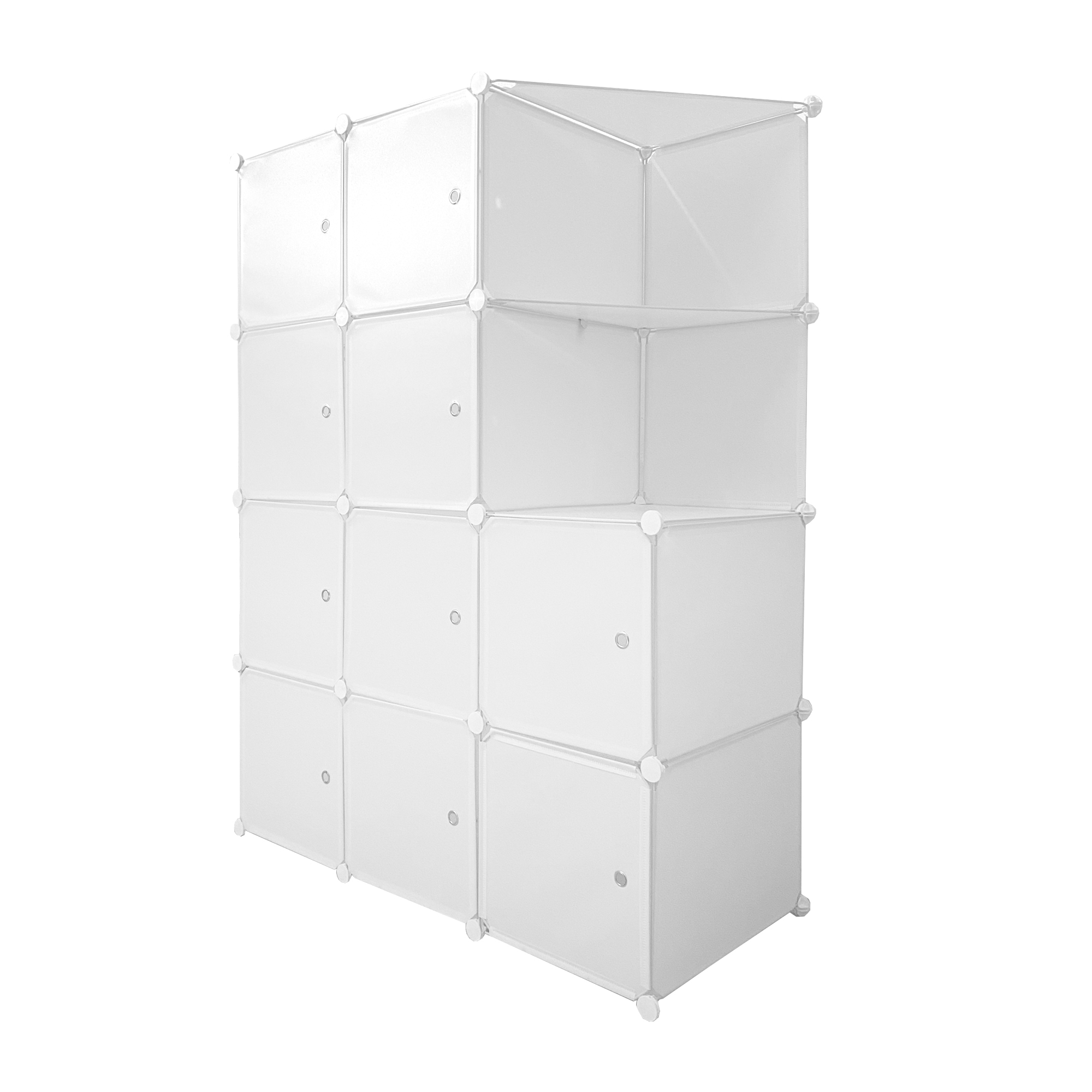 Un armario modular blanco con 12 cubos, sobre fondo blanco.