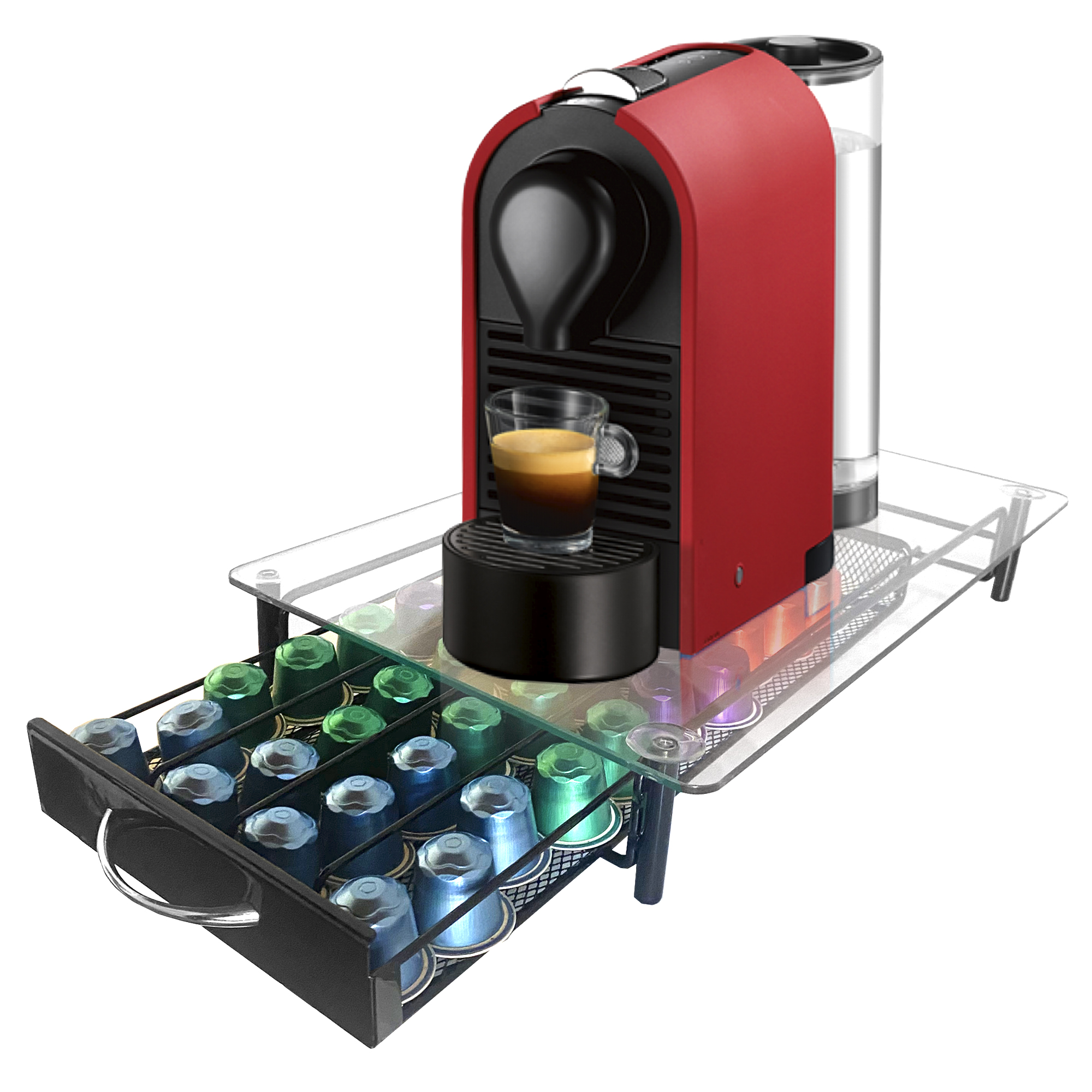 Cafetera roja con vaso y cajón lleno de cápsulas de café.