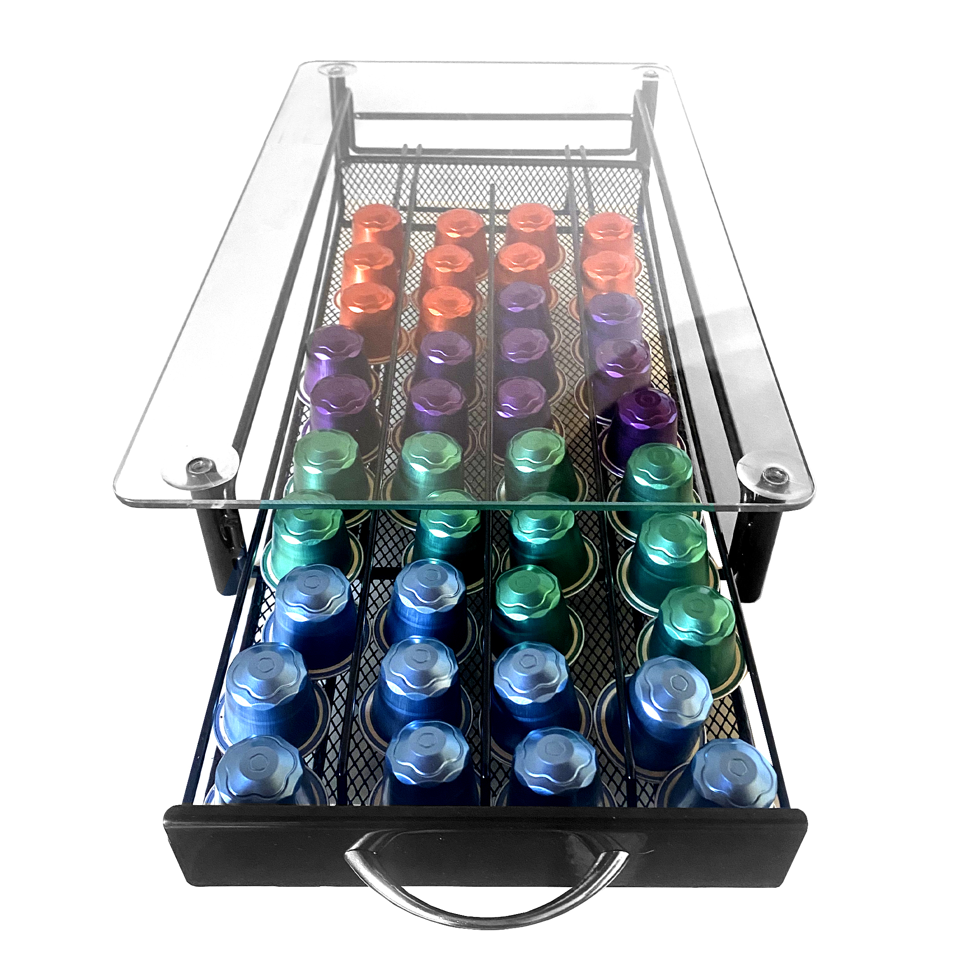 Un cajón negro con cápsulas de café en naranja, morado, verde y azul.