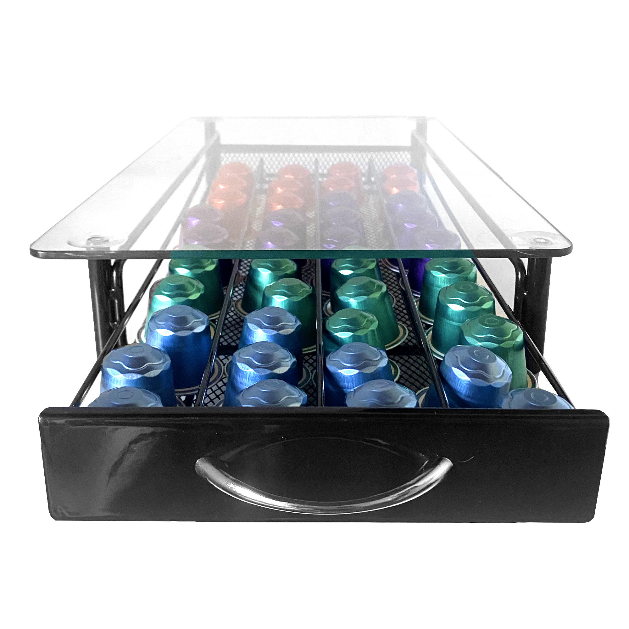 Un cajón negro para cápsulas de café con tapa de cristal. Contiene cápsulas azules, verdes y rojas.