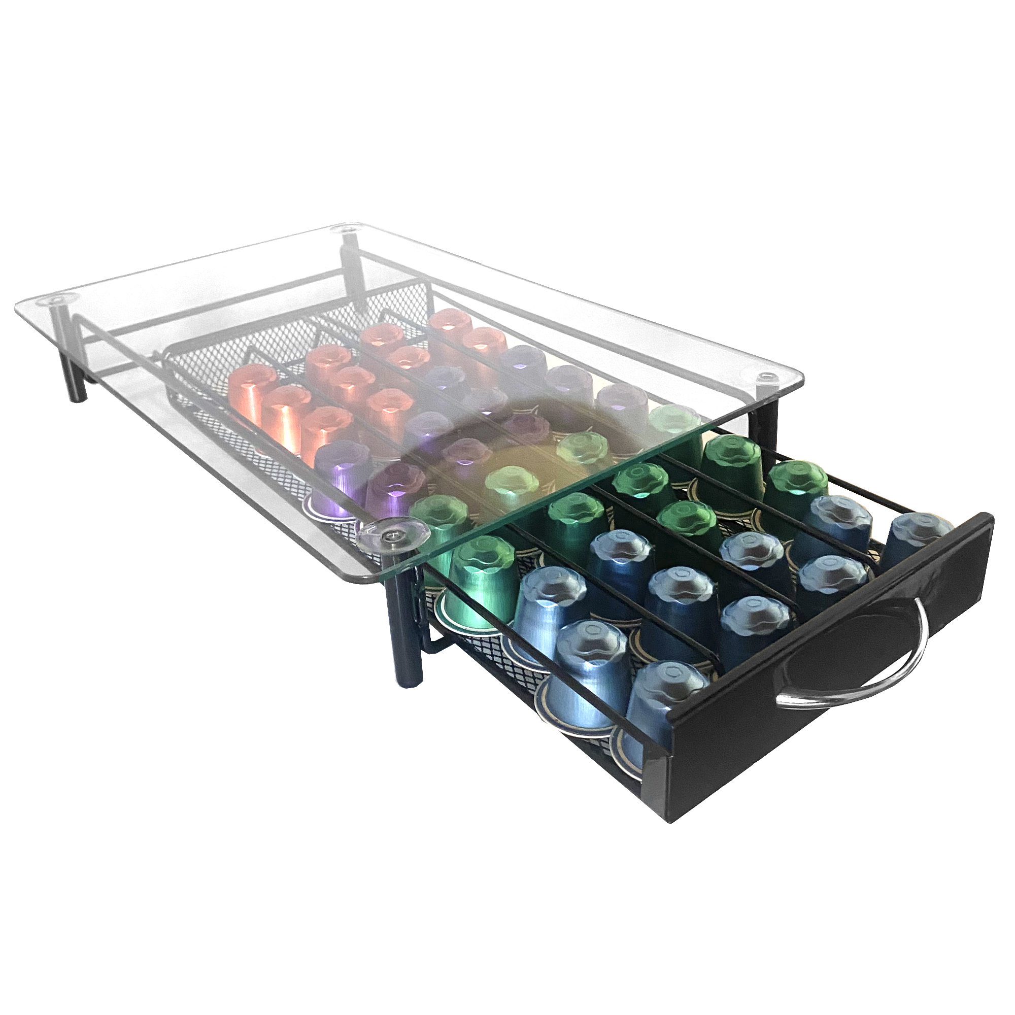 Un portacápsulas de café con tapa de cristal y cajón extraíble con cápsulas coloridas.