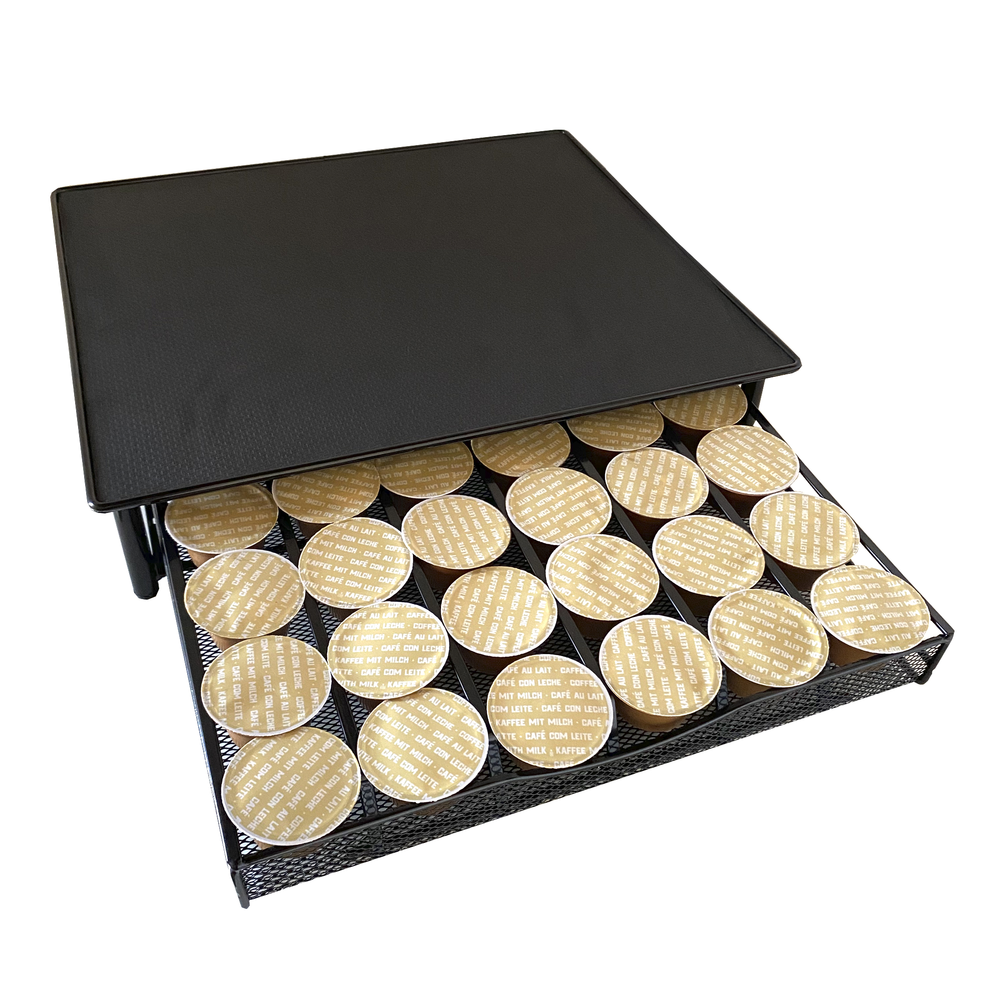 Soporte negro para cápsulas de café con dos cajones llenos de cápsulas.