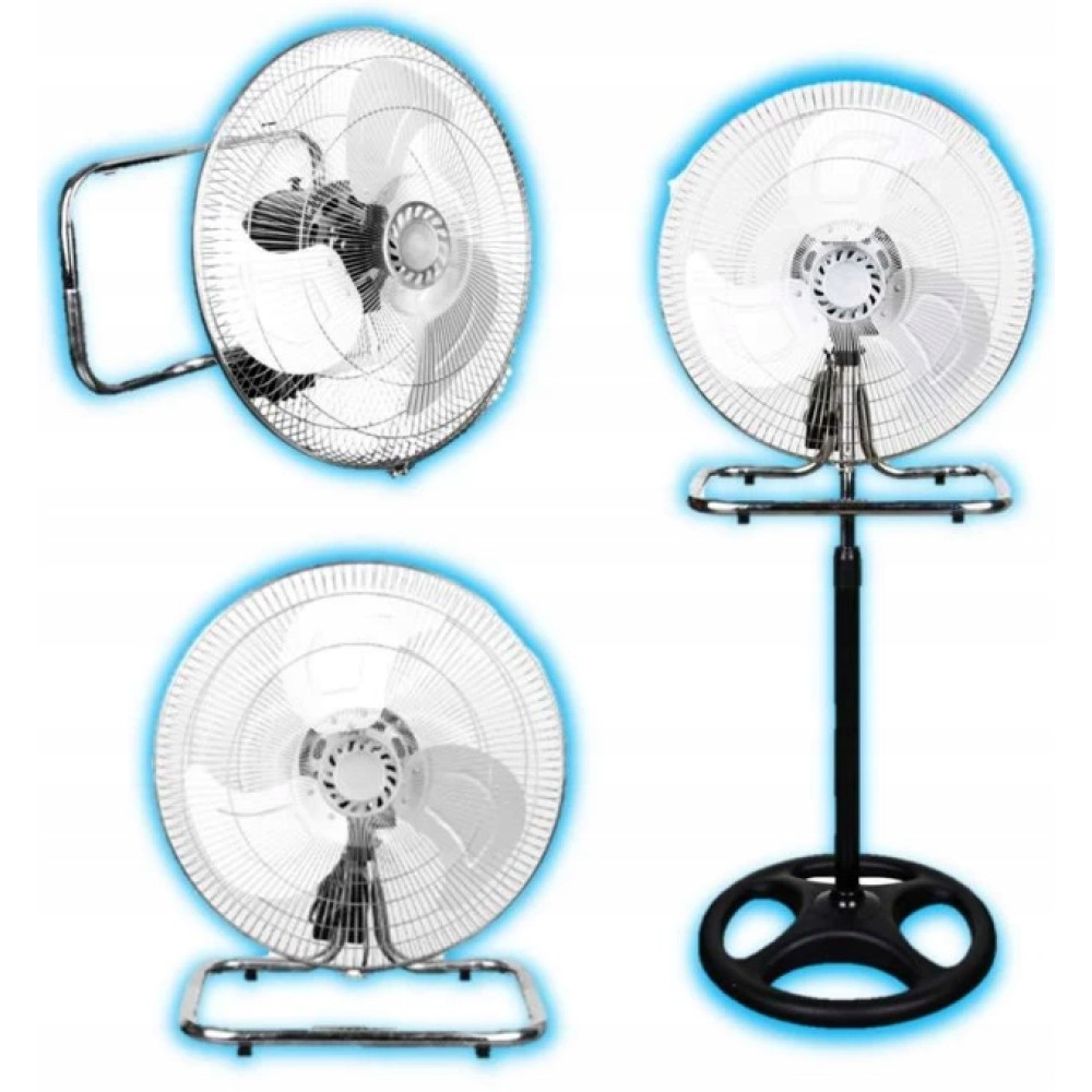 Trzy białe wentylatory na chromowanych stojakach, jeden naścienny.