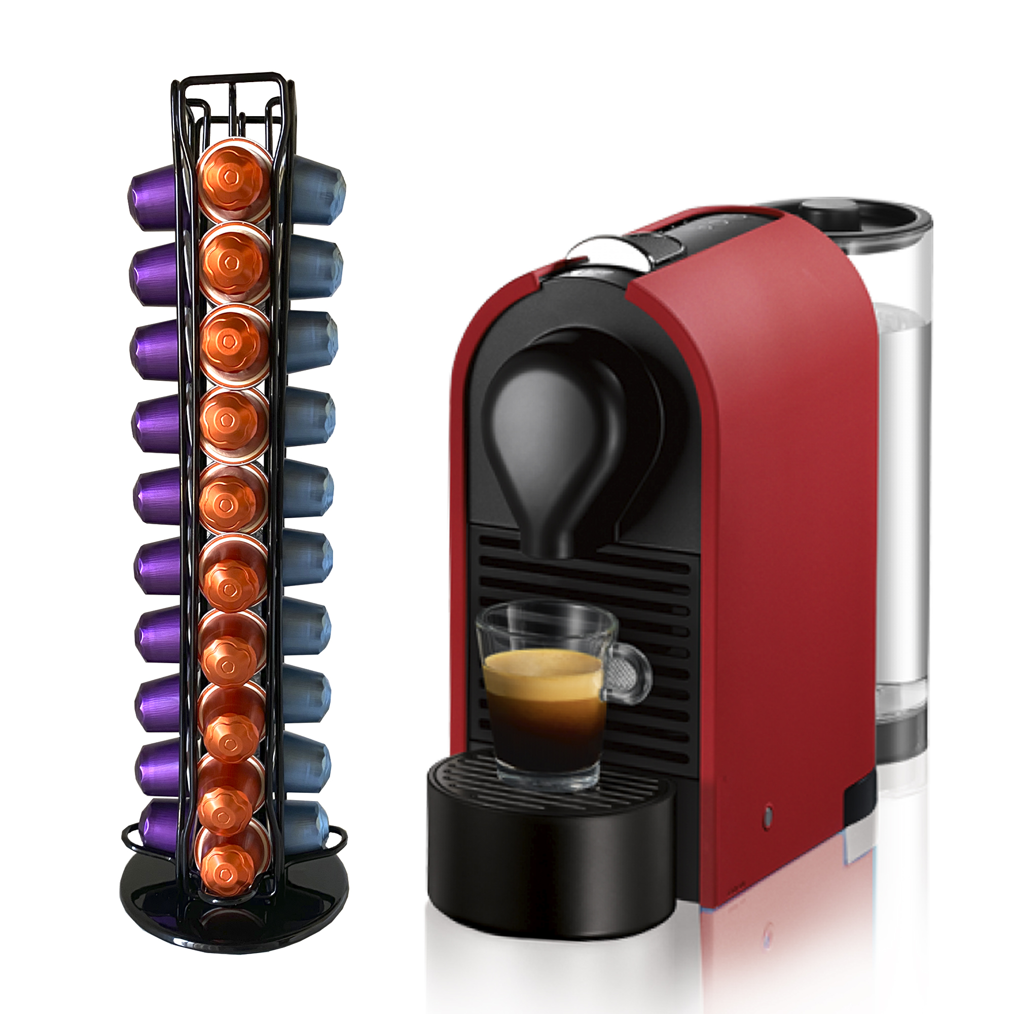 Una cafetera roja con un vaso de espresso y un soporte para cápsulas.