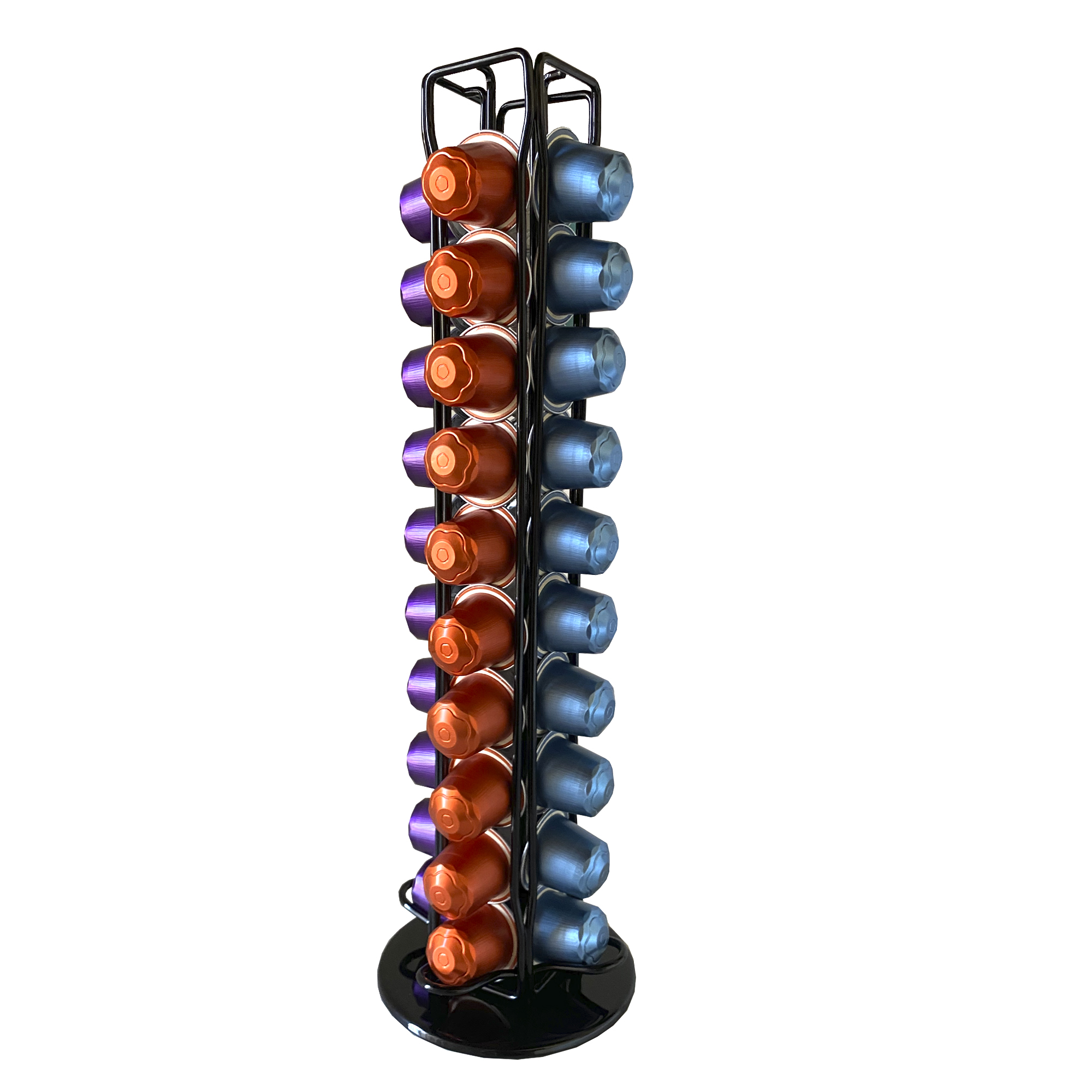 Un soporte giratorio negro con cápsulas de café naranjas y azules.