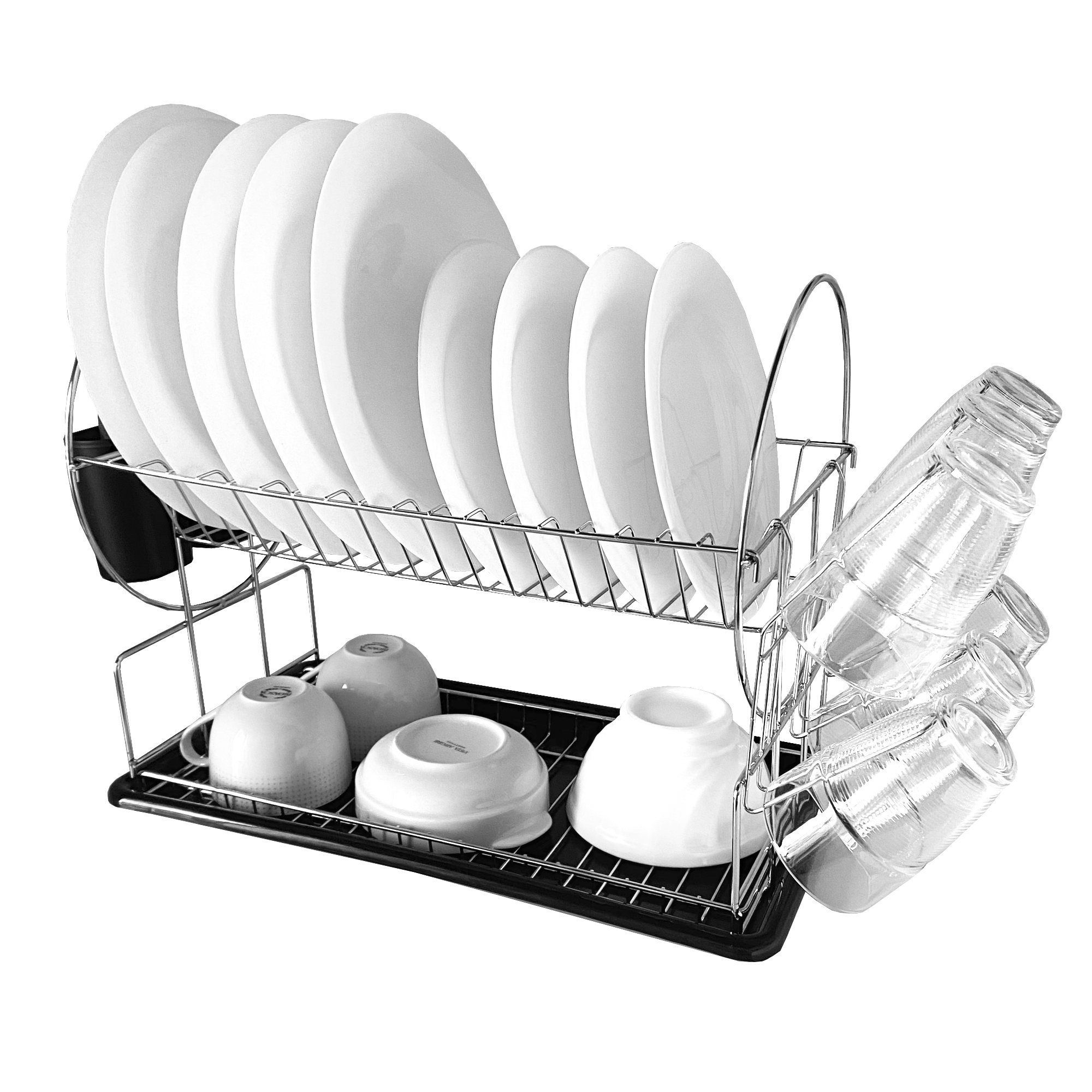 Escurridor de platos de dos niveles con platos, tazas, cuencos y vasos.