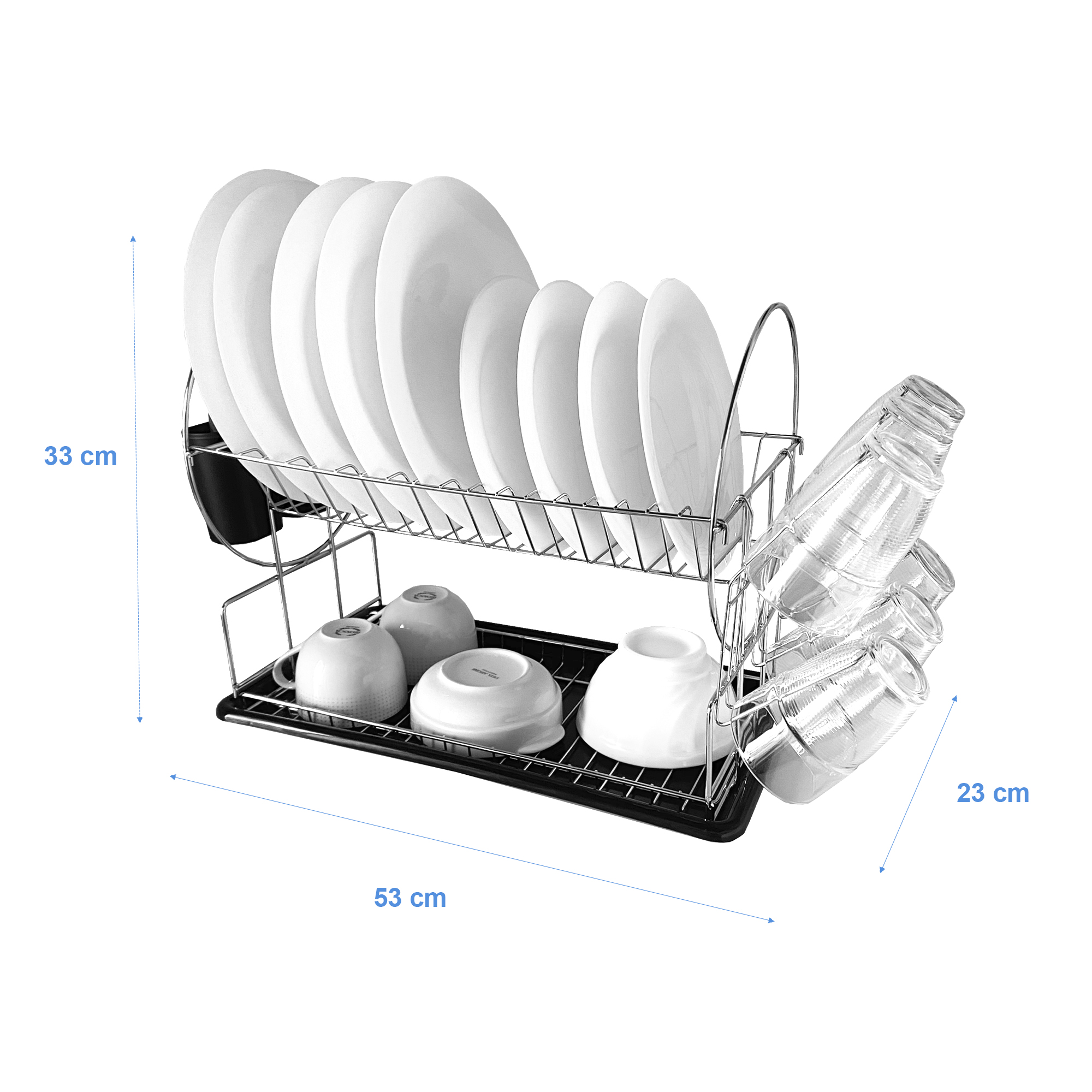 Un escurridor de platos plateado con platos, cuencos y vasos blancos.