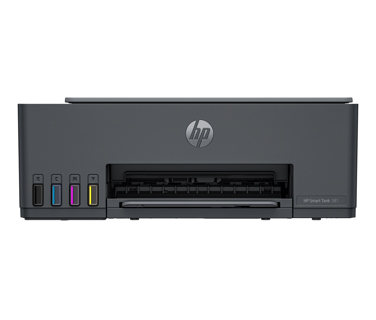 Dunkelgrauer HP Smart Tank 581 Drucker mit Tintenbehältern: Schwarz, Cyan, Magenta, Gelb.