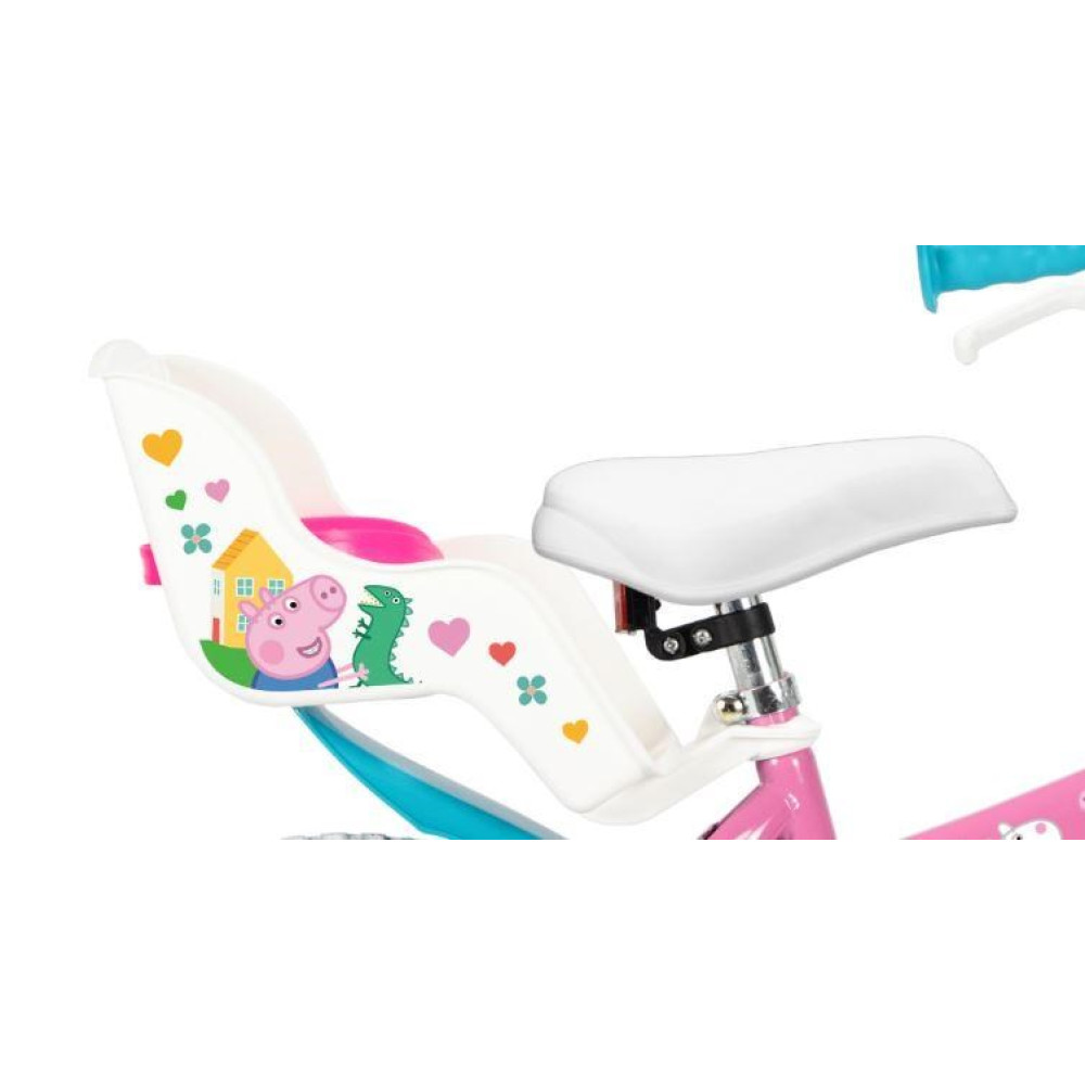 Biały fotelik dziecięcy z Peppa Pig i dinozaurem, białe siodełko, różowa rama.