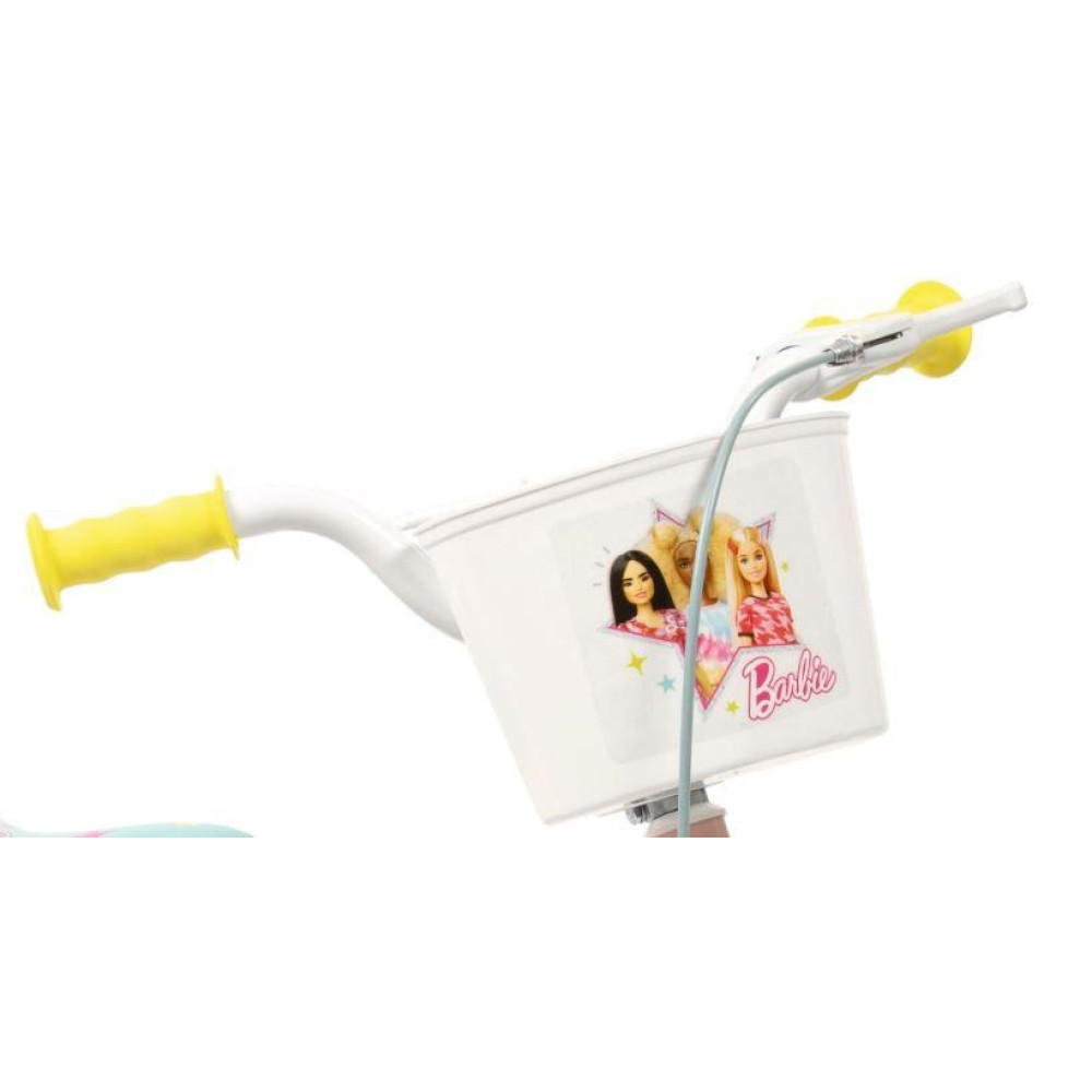 Biały koszyk rowerowy z nadrukiem Barbie, żółtymi uchwytami i białymi kierownicami.