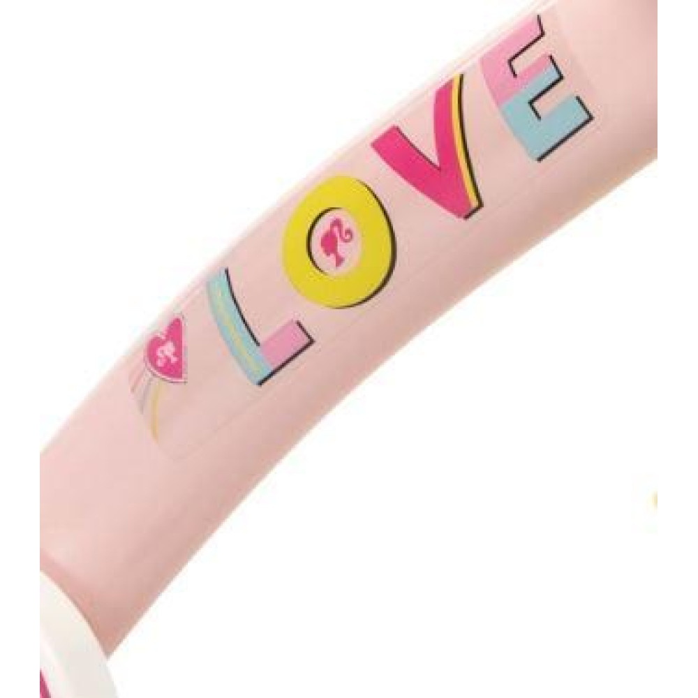 Różowy przedmiot z kolorowymi literami "LOVE" i postacią Barbie.