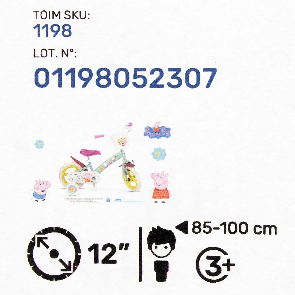 Miętowa rower dla dzieci z różowymi akcentami, grafiką Świnki Peppy i kółkami bocznymi.