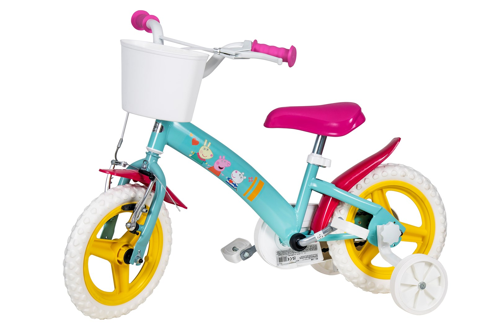 Turkusowy rower dziecięcy z różowym siodełkiem, koszykiem i naklejkami Świnki Peppy.