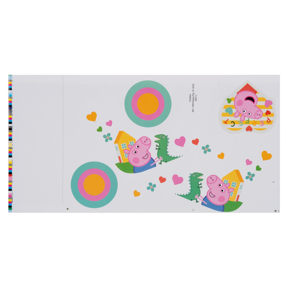 Świnka Peppa i dinozaur na domu z serduszkami i kołami.