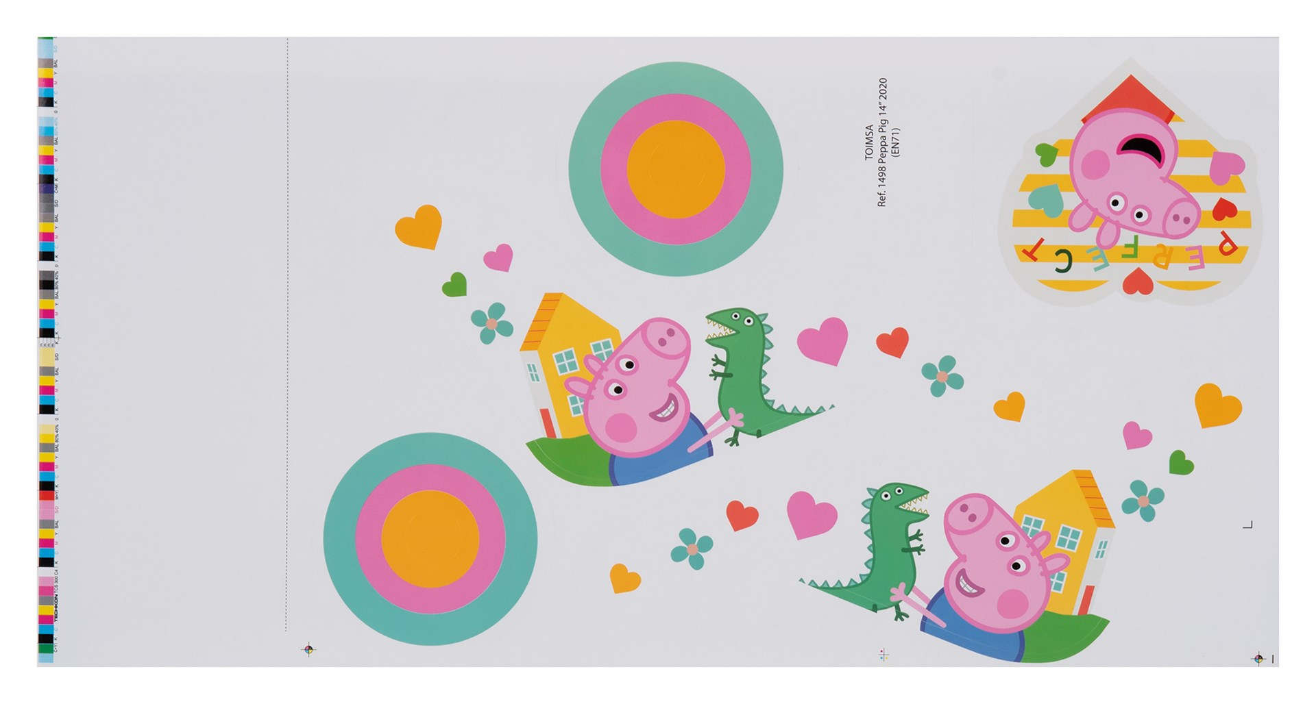 Świnka Peppa i dinozaury przed domami z sercami i kołami.