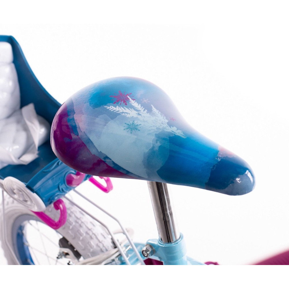 Niebieskie siodełko rowerowe z motywem kryształów lodu i różowymi akcentami.