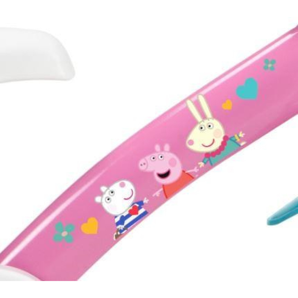 Różowa kierownica z Peppą i przyjaciółmi, sercami i kwiatami.