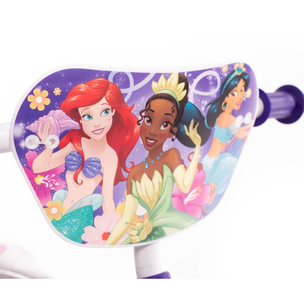 Kopciuszek, Ariel i Jaśmina Disneya na fioletowym tle z kwiatami.