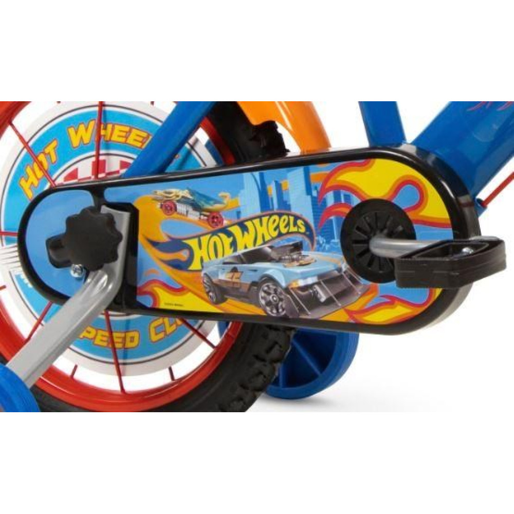 Osłona łańcucha roweru z motywem Hot Wheels, niebieski samochód, płomienie.