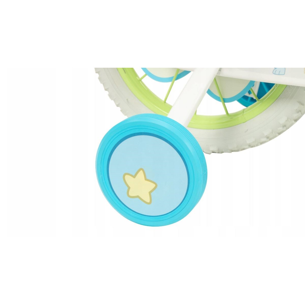 Niebieskie kółko podporowe z żółtą gwiazdą na białej ramie.