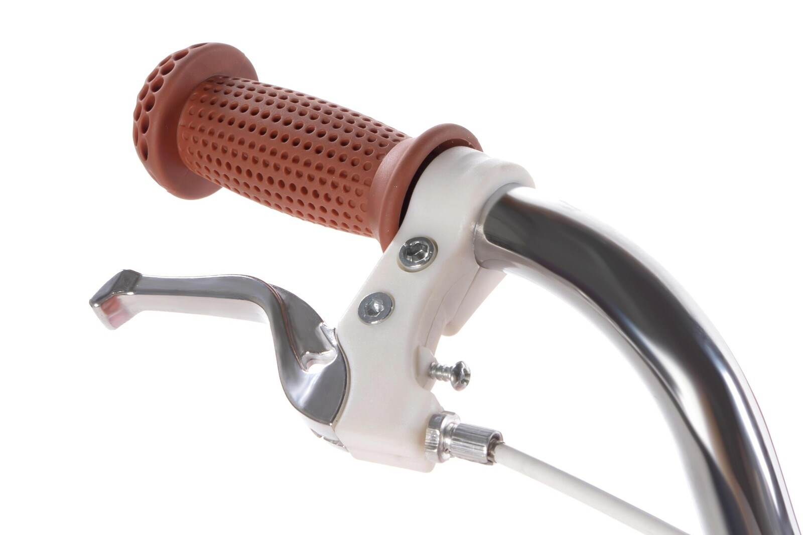 Brązowy uchwyt rowerowy ze srebrną dźwignią hamulca i białą obudową.