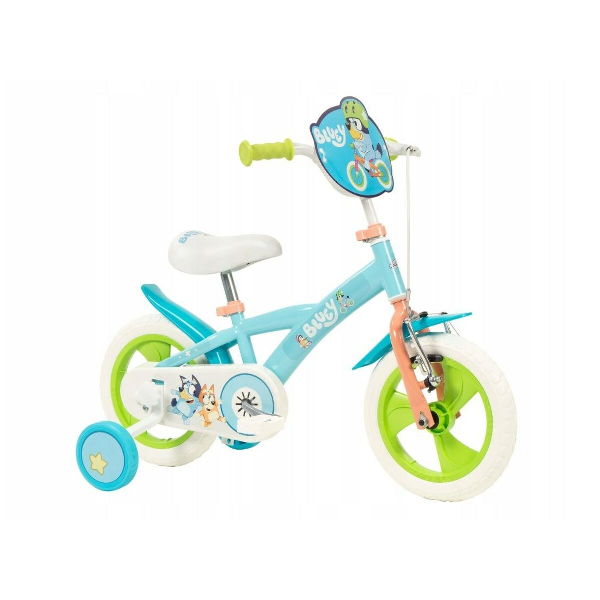 Jasnoniebieski rower dziecięcy z kółkami bocznymi i postaciami Bluey.