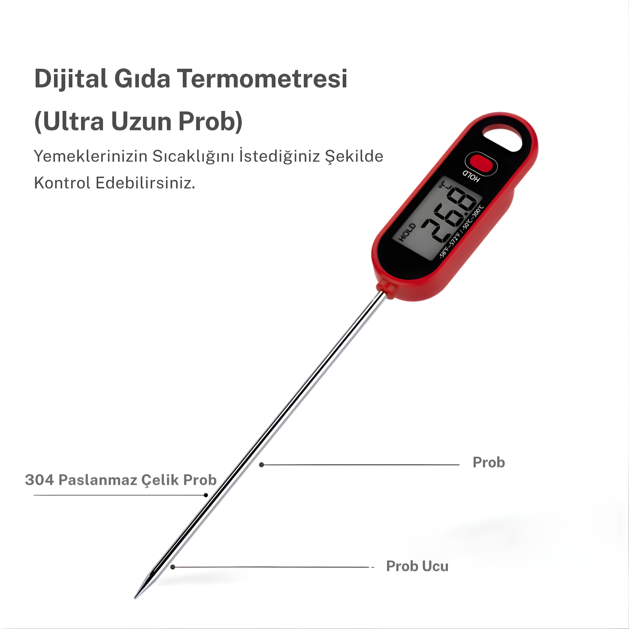 Uzun paslanmaz çelik prob ve LCD ekrana sahip kırmızı dijital termometre.