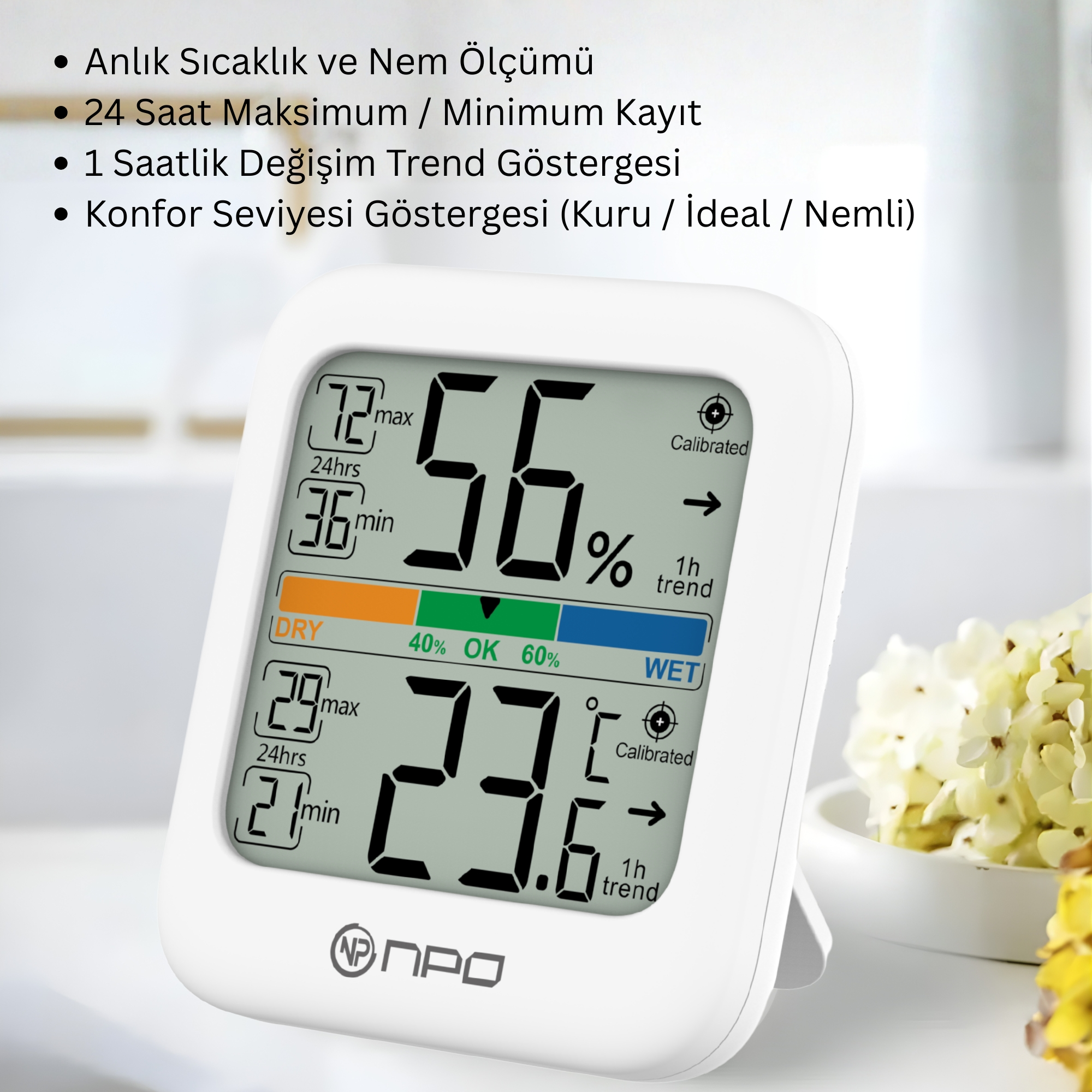 Beyaz dijital termometre/higrometre %56 nem ve 23.6°C gösteriyor.