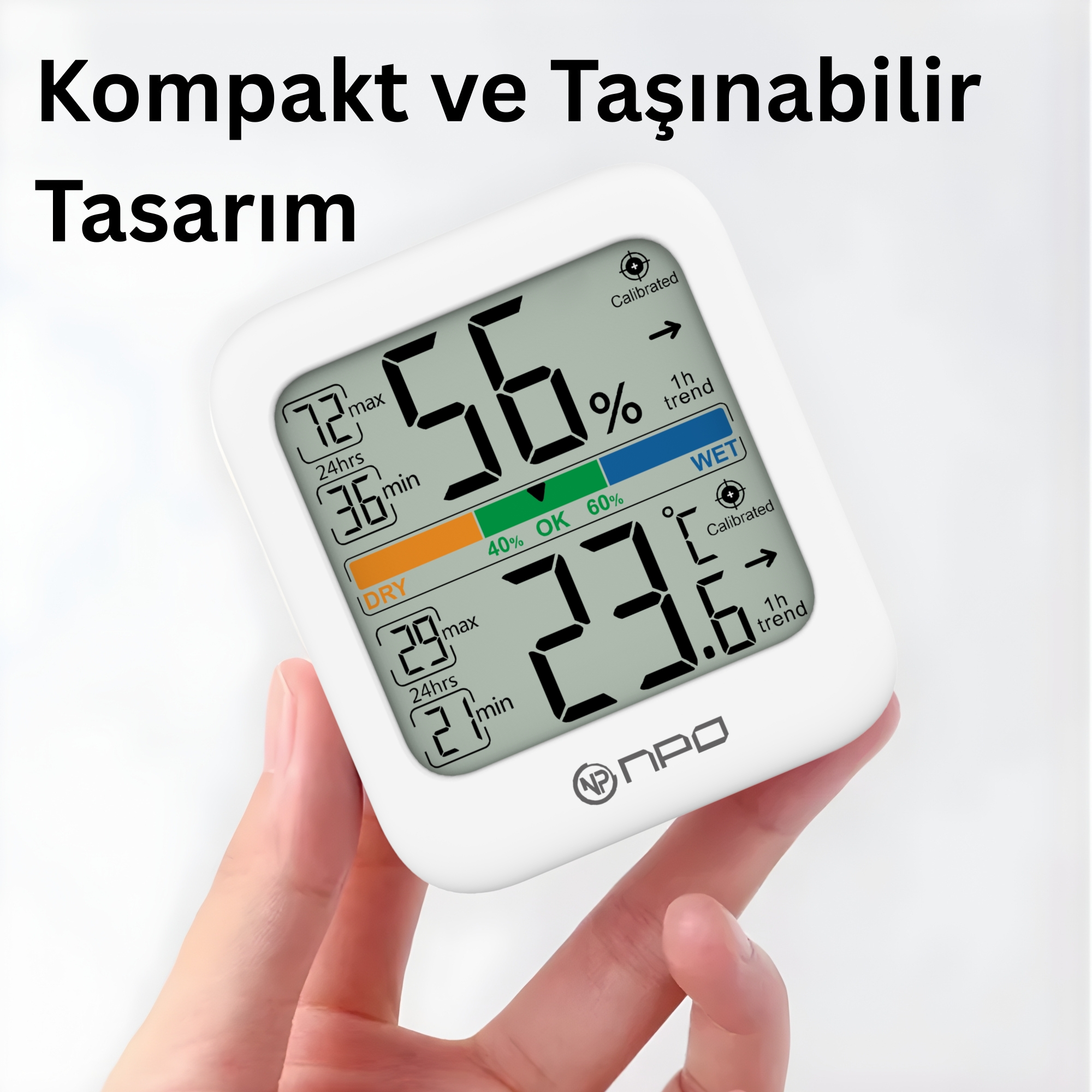 Sıcaklık ve nemi gösteren beyaz dijital cihaz, %56 nem, 23.6°C.