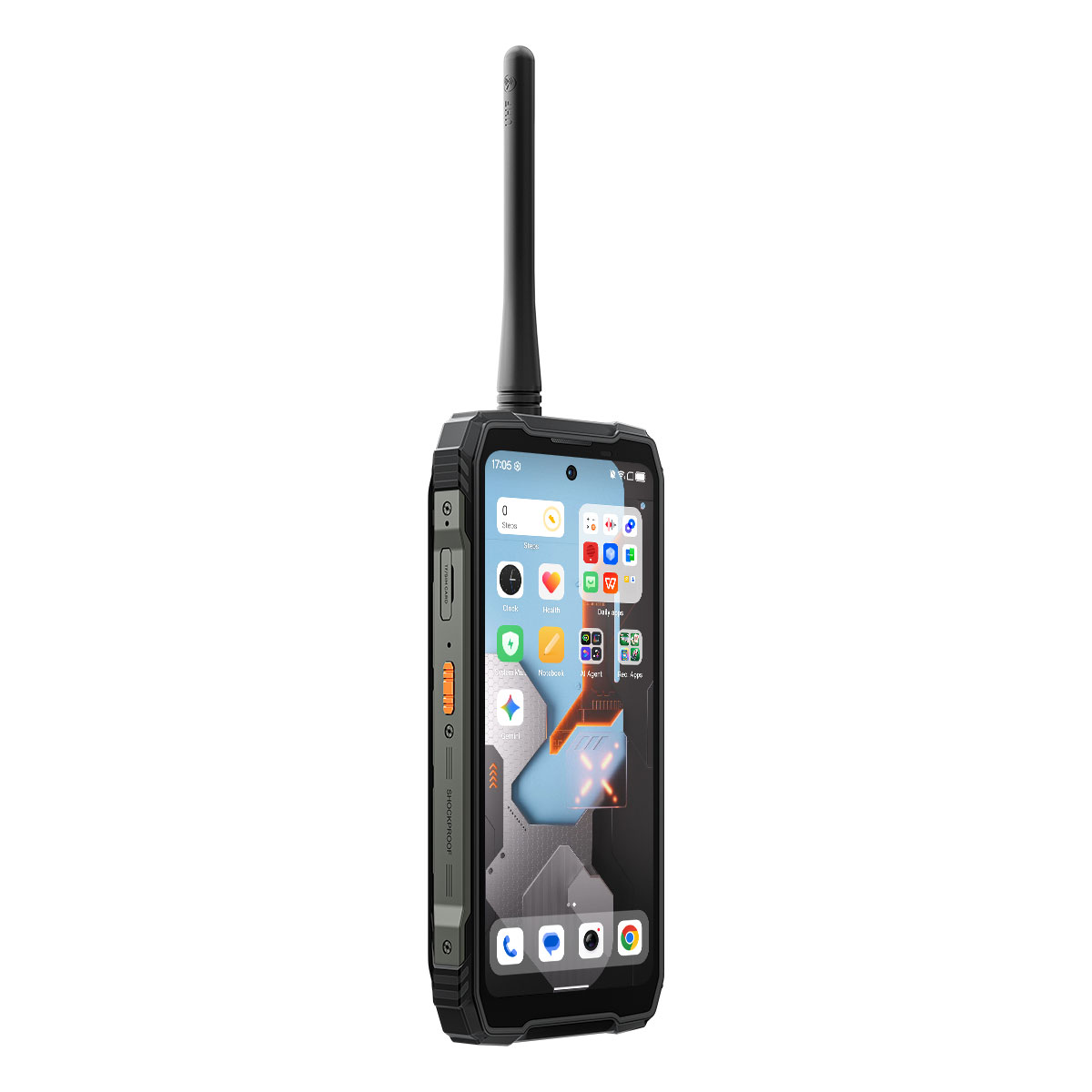Wytrzymały smartfon z anteną i napisem "Shockproof".