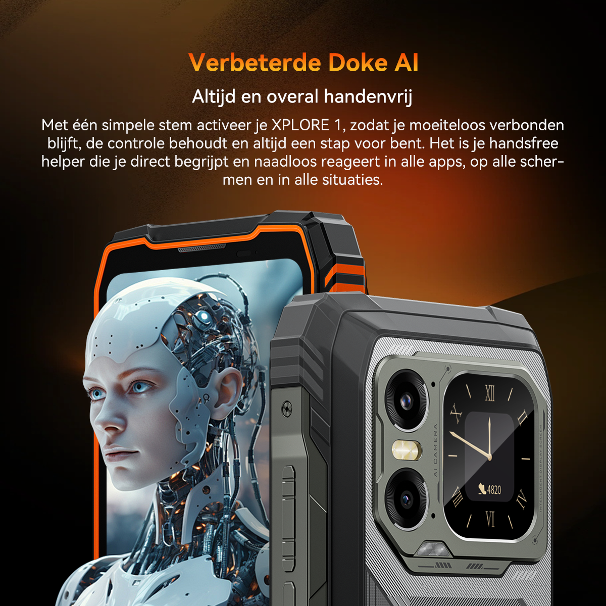 Close-up van een smartphone met AI-gezicht en cameramodule.