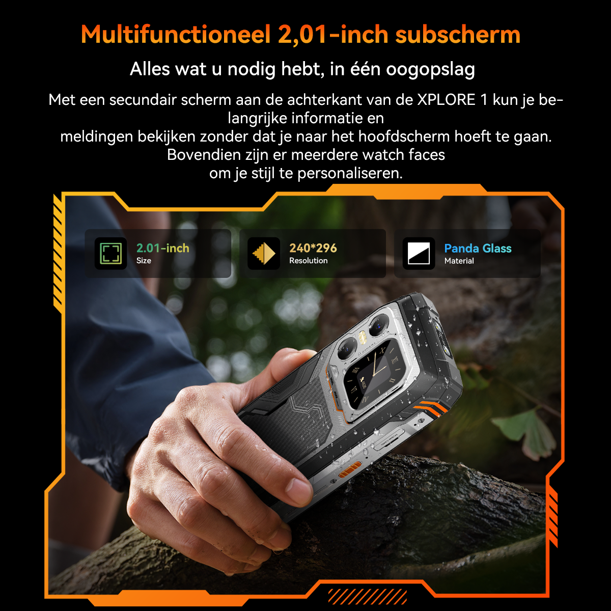 Een telefoon met 2,01-inch secundair scherm, 240x296 resolutie, Panda Glass.