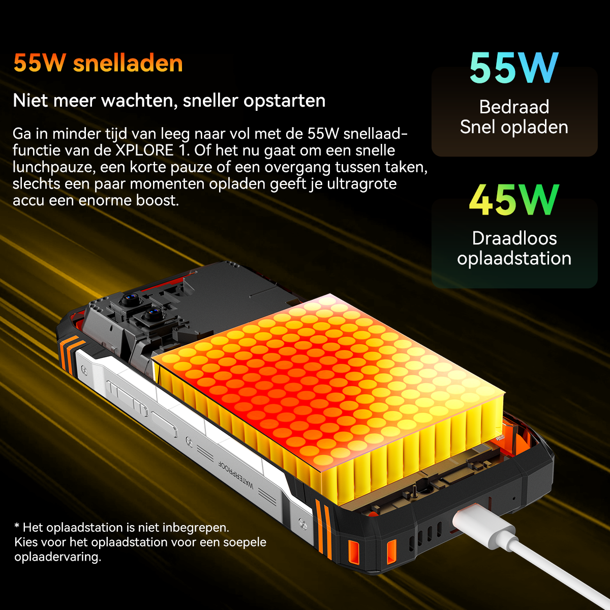 Een smartphone met open behuizing, die een batterij met rode en gele patronen toont.