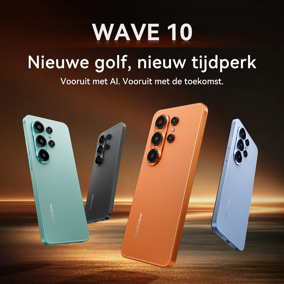 Vier Smartphones in Türkis, Schwarz, Orange und Blau vor einem dunklen Hintergrund.