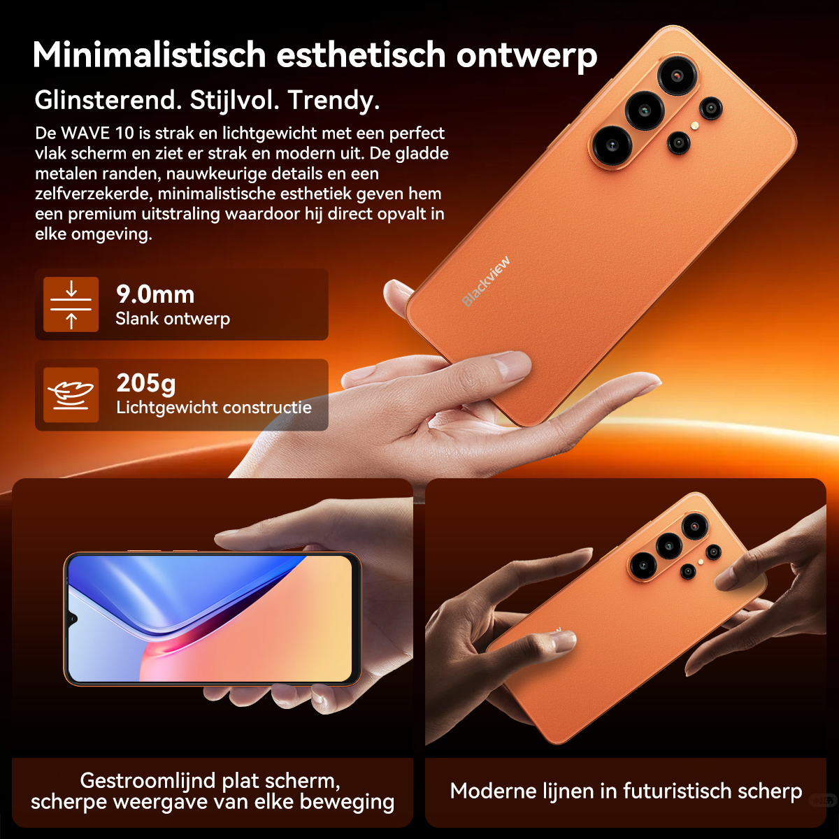 Orange Smartphone mit Kamera, gehalten von Händen. Display und Rückseite sind zu sehen.