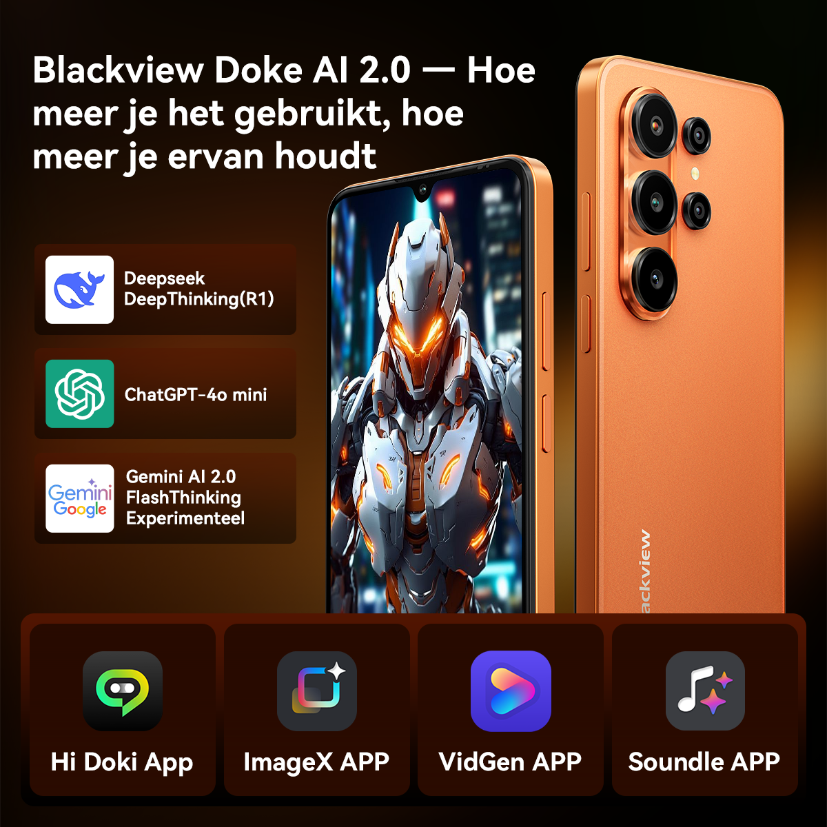 Orange Smartphone mit KI-Apps: Deepseek, ChatGPT, Gemini. Untere Reihe: Hi Doki, ImageX, VidGen, Soundle Apps.