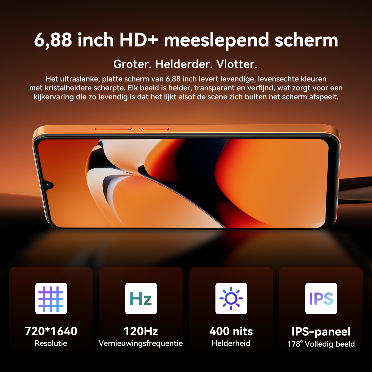 Ein orangefarbenes Smartphone mit einem 6,88-Zoll-HD+-Display, das detaillierte Spezifikationen anzeigt.