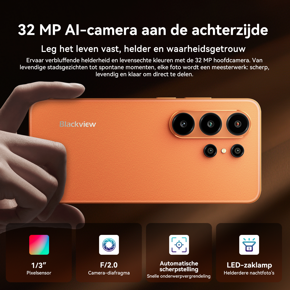 Orange Smartphone mit 32 MP AI-Kamera, 1/3" Pixelsensor, F/2.0 Blende, Autofokus, LED-Blitz.