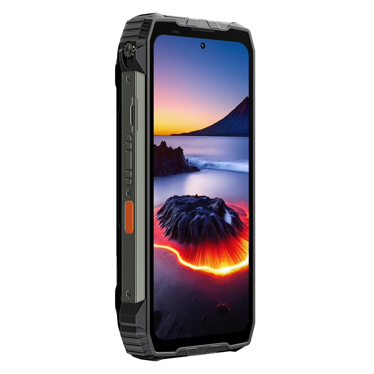 Wytrzymały smartfon z tapetą przedstawiającą wybuch wulkanu, na białym tle.