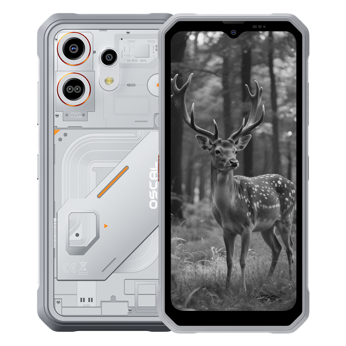 Een smartphone met transparante achterkant en een hert-afbeelding op het scherm.