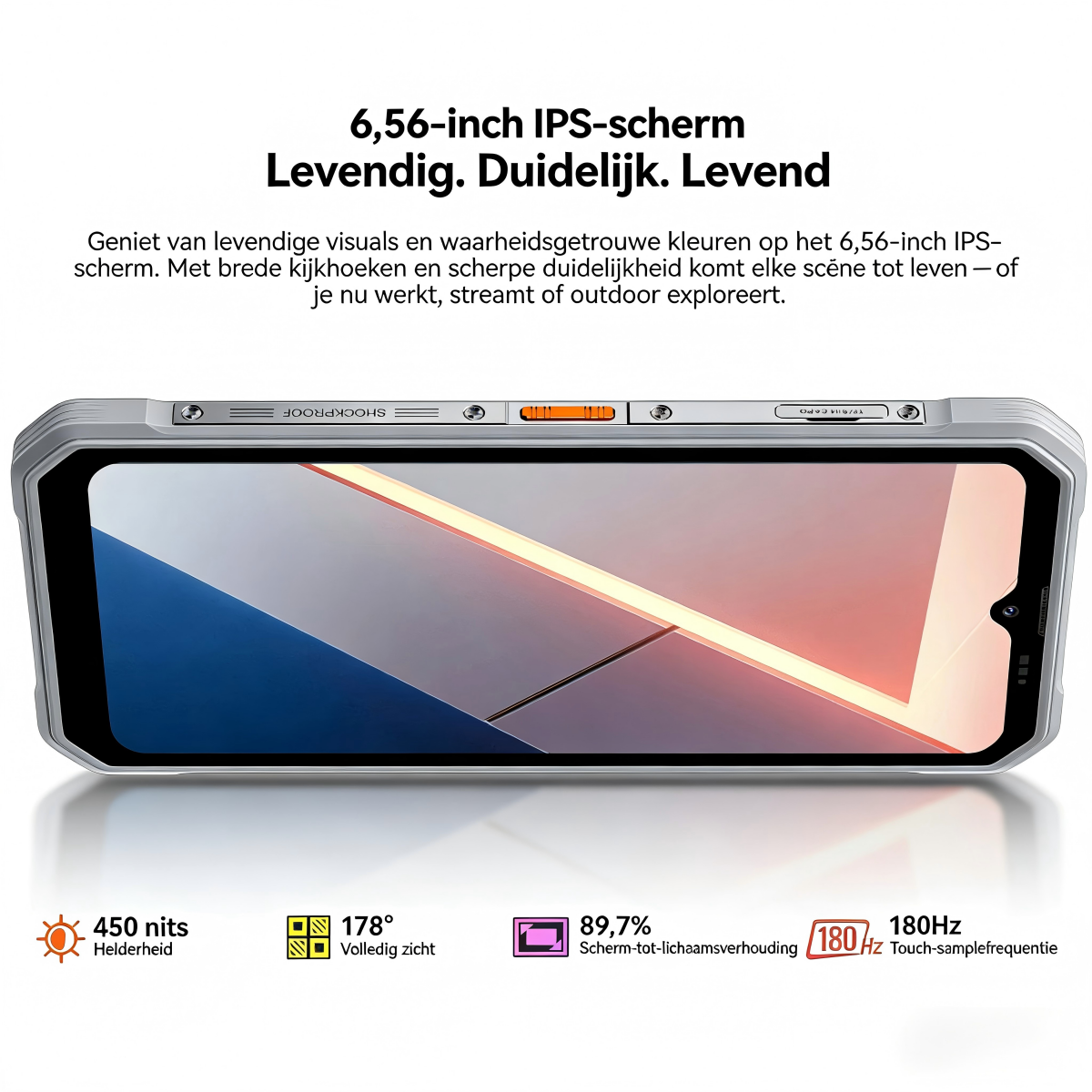 Grijze smartphone met groot scherm, 450 nits, 178° zicht en 180Hz touch.