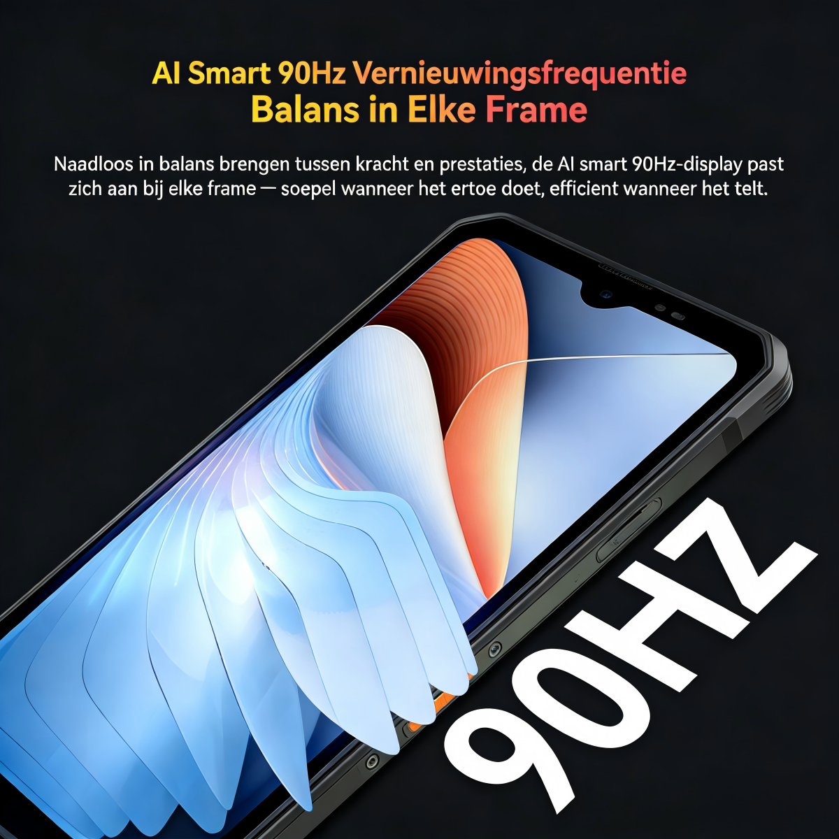 Smartphone scherm met 90Hz verversingssnelheid en AI-aanpassing.